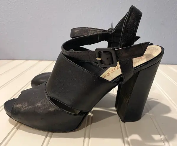 🍂 DELMAN Black Leather Peep Toe Block High Heels Women 8 4.5” heels