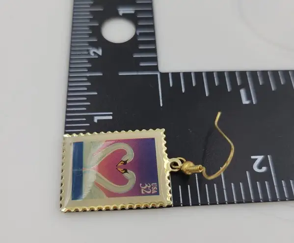 Swan Love 32 Cent Stamp Dangle Earrings Heart Gold Tone Postage Mail USA