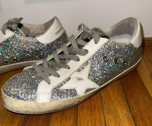 Golden Goose  Superstar Distressed
Glittered Leather Sneakers US9