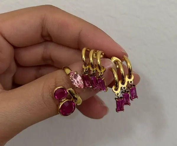 Pink Jewelry Stone Set Adjustable Ring Triple Stone & Triple Hoop Portugal