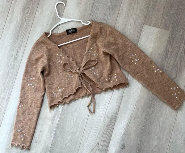 Cider Embroidered Cardigan Sweater Brown medium floral open tie front coquette