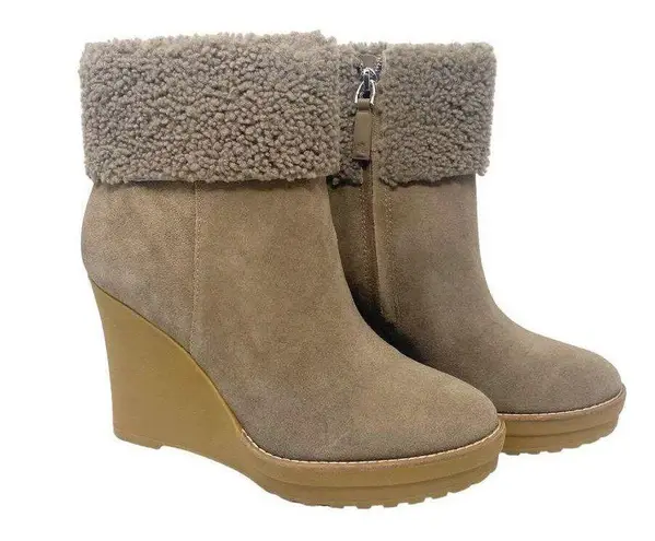 Ralph Lauren NEW LAUREN  Steph Shearling-Cuff Wedge Booties Taupe Size 6.5