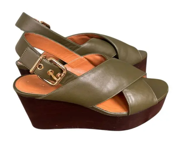 Marni Green Leather Crisscross Wedges Platform With Buckle Sandal Size 39
