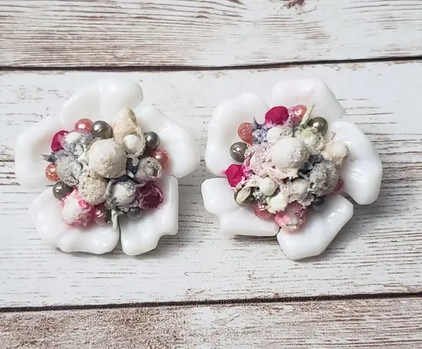 Vintage Clip On Earrings Unusual White & Multi Colored 3D Flower Statement