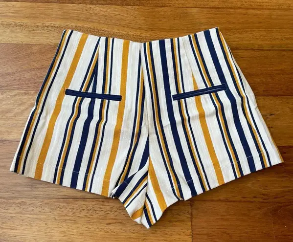 Forever 21  Cream, Navy Blue, White & Mustard Yellow Striped High Waisted Shorts