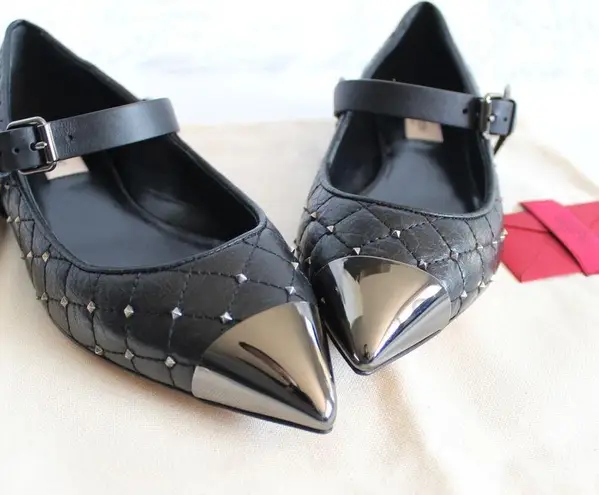 Valentino Garavani Valentino Black Silver Rockstud Quilted Spike Mary Jane Cap Toe Ballet Flats