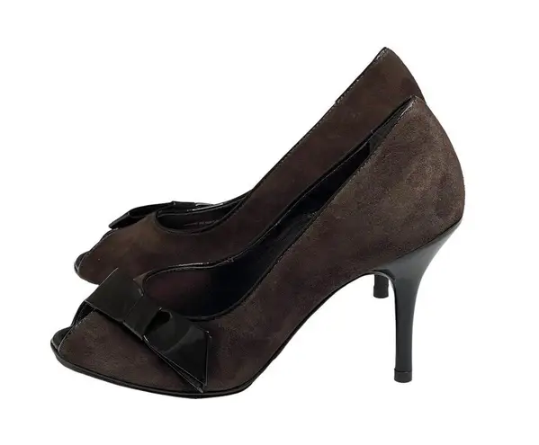 via spiga new β Peep Toe Stiletto Heels Pumps β Chocolate Suede + Patent Leather