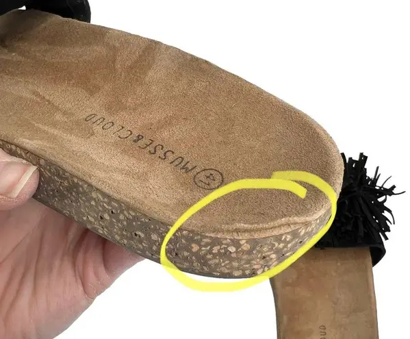 Musse & Cloud Black & Tan Fringe Pom Pom Suede Slides Sandals