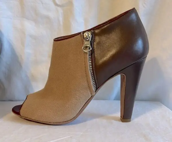 See By Chloe Peep Toe Leather Canvas Zip Up Heeled Ankle Bootie 39/9