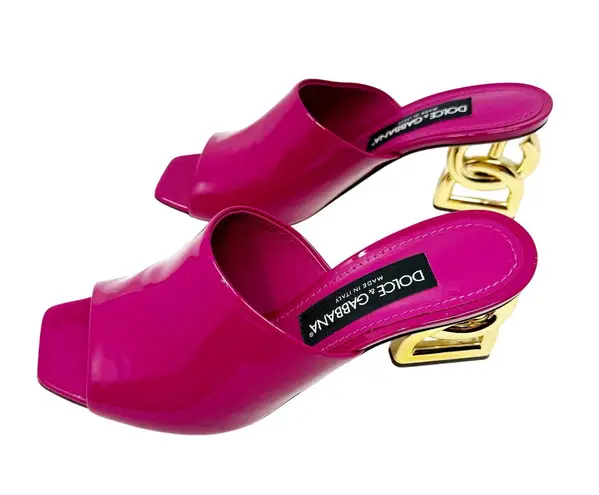 Dolce & Gabbana Fuchsia Pink Patent Mules Gold DG Heel Logo Sandals Size EU 37.5