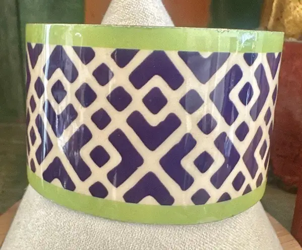 Vintage Brass Enamel Wide Cuff Bracelet ā Navy, Cream & Lime Green Geometric Des