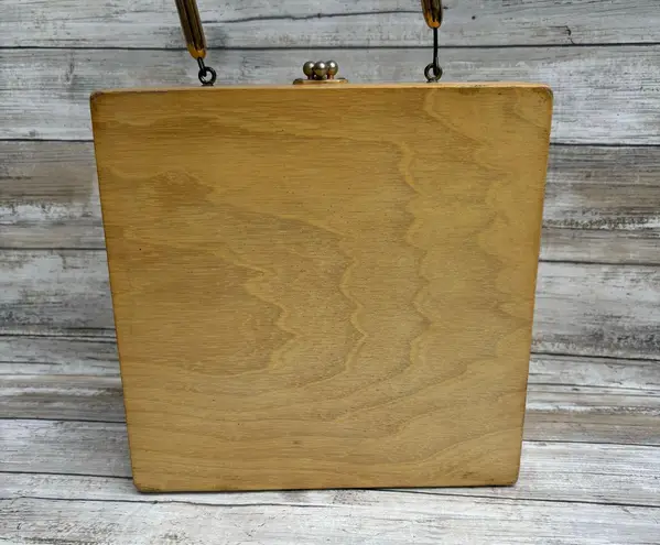 VTG Enid Collins of Texas Wooden Box Purse Bejeweled Flower Power Orange Artsy Brown