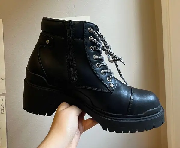 Catherine Malandrino Punk Goth Black High Platform Heel Boots with Striped Laces and Zipper on Side