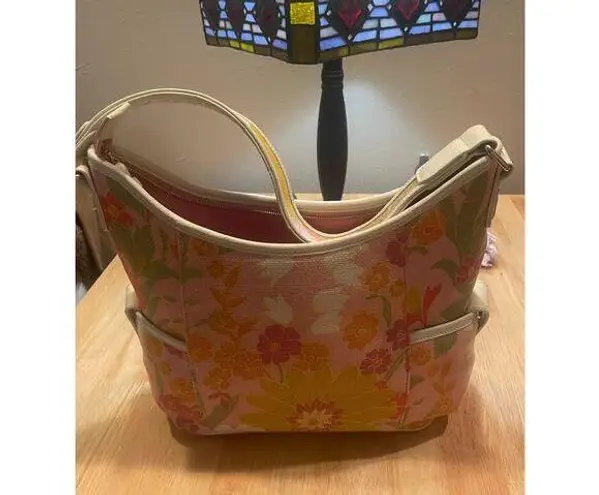 Spartina 449 Daufuskie, natural linen/leather handbag Pink floral design, B22