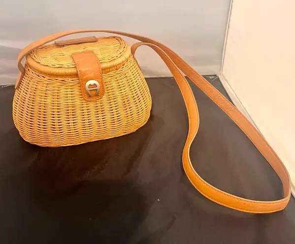 Etienne Aigner Leather Trim Natural Woven Rattan Creel Purse with Leather Trim