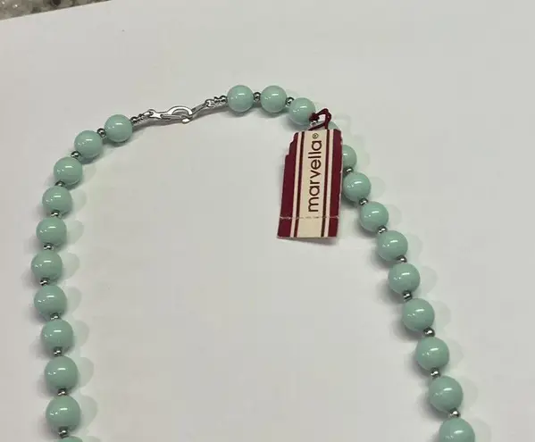 Vintage Signed Marvella NWT Mint Bead Silver Tone Clasp Chain Beaded Necklace