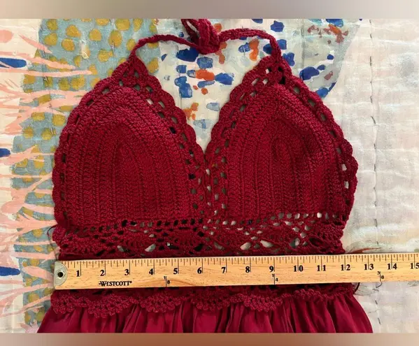 LILBETTER XS Red Wine Burgundy Crochet Lace Maxi Halter Neck Backless Dress NWT