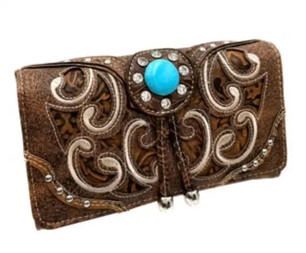 Dolly Turquoise Concho Western Crossbody Wallet Brown - Image 1