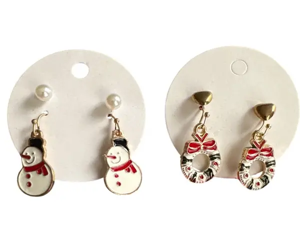 Christmas Snowman Wreath Heart Pearl Dangle Stud Earrings Set Holiday Gift White
