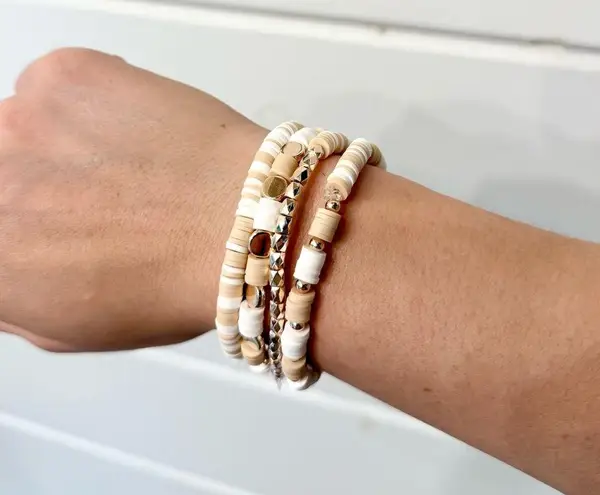 Handmade NEW Neutral Clay Bead Bracelet Stack - Gold
Heishi Disk & Boho Beachy Beaded Set