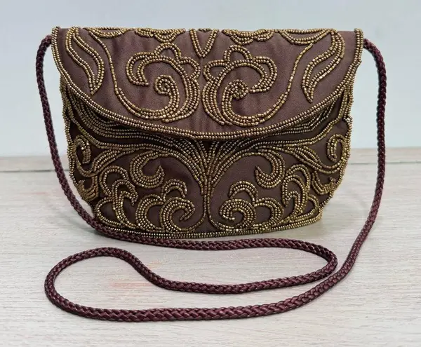 Vintage Walbaeg Beaded Satin Evening Bag Dressy Formal Purse Brown Crossbody