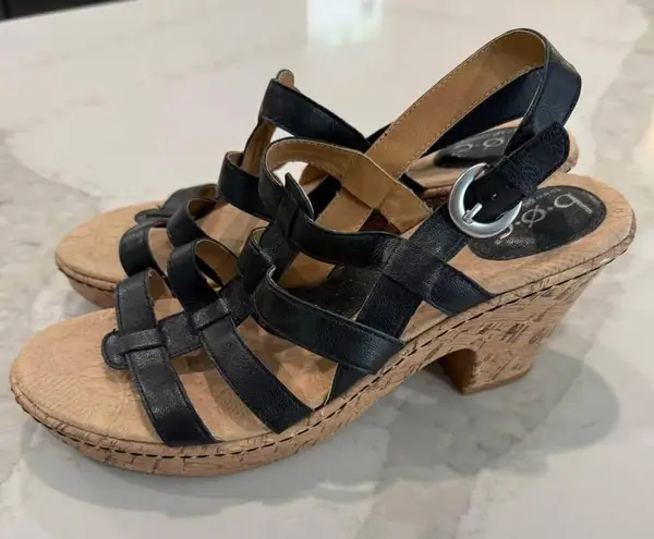 Born Concept b.o.c Slingback Strappy Cork Wedge Sandals Womens 10M Black Leather Size 10