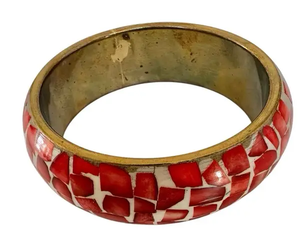 Vintage Brass & Red Shell Mosaic Bangle Bracelet