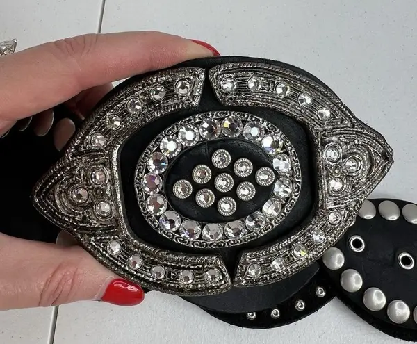 Leather Studded Belt Large 38 Bling Buckle Conch Style Black Silver Southwestern