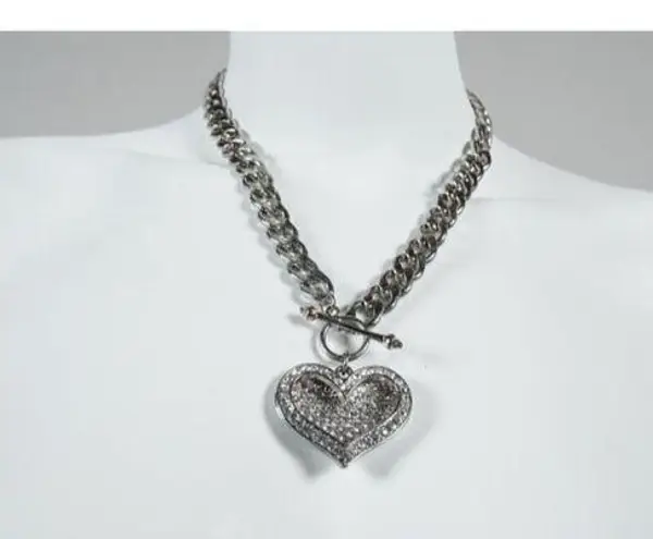 Large Rhinestone Heart Charm Pendant Collar Link Toggle Clasp Necklace