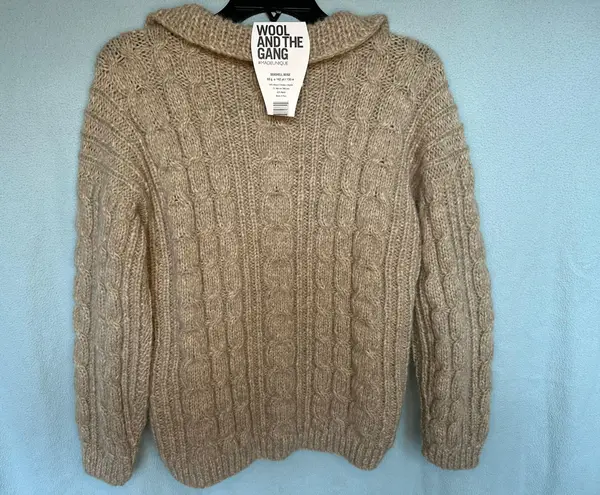 Handmade Handcrafted Oversized Collared Knit Sweater - Tan/Beige - M