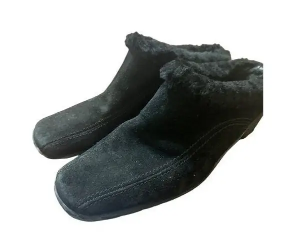 Aquatalia Black Suede Faux Fur Mules Shoes Block Heel Wedge Size 6.5