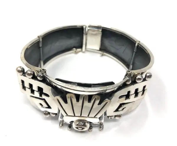 Sterling Silver TAXCO Aztec cuff bracelet, 62g