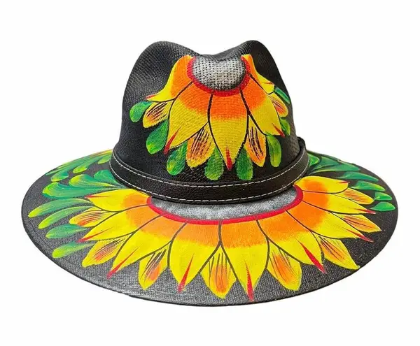 HAT MEXICAN Artisanal Hand Painted Fedora Sunflower Sombrero Panama Bohon Black