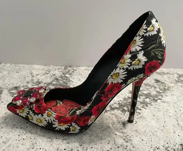Dolce & Gabbana Pumps Floral Print Crystal Flower High Stiletto Heel Size 39.5