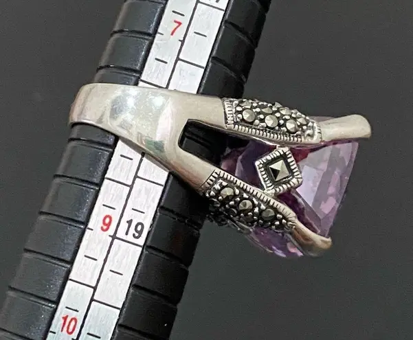 Amethyst Vintage Purple & Marcasite 925 Sterling Silver 16mm Cocktail Ring Sz 8