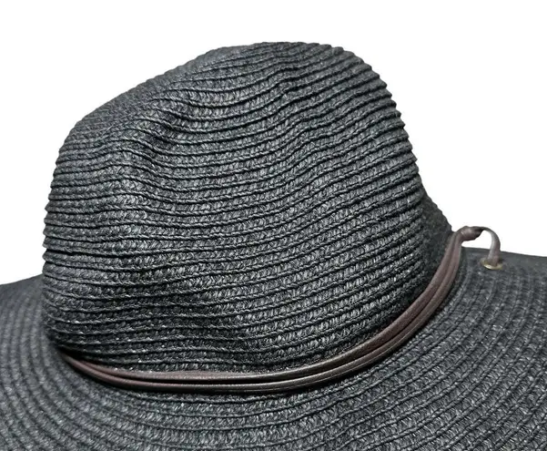 Peter Grimm Resort Wide Brim Floppy Hat Leather Cord UPF Black Brown One Size