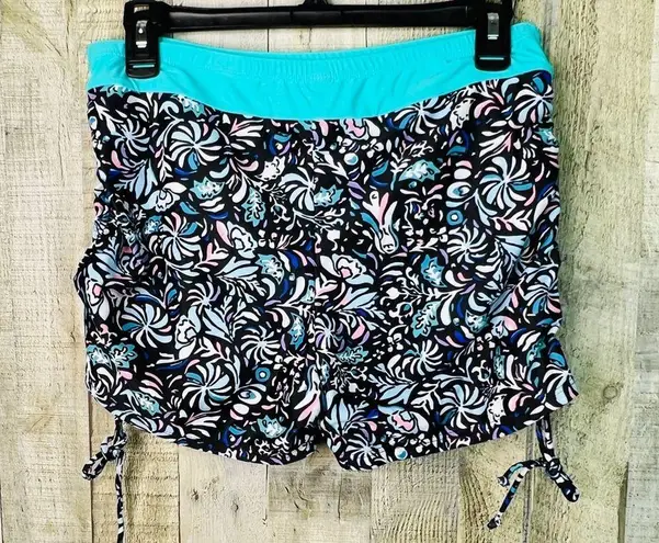 Yonique Size XL Swim Shorts Floral w/Side Ruching w/Stretch Waistband Blue