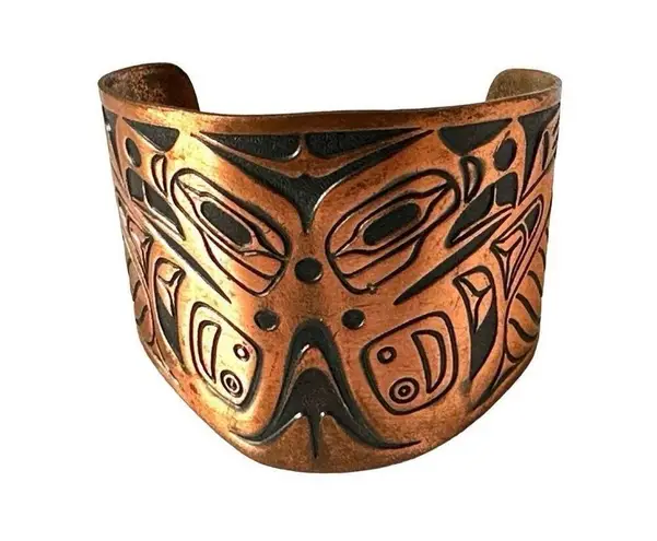 Vintage Northwest Copper solid copper double eagle tiki tribal wide cuff bracelet