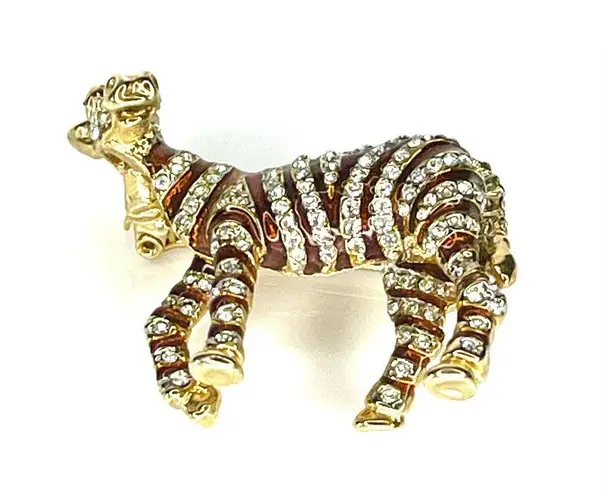 VTG Pave Crystal ZEBRA BROOCH PIN Enameled Gold Standing Zoo Animal Green Eyes