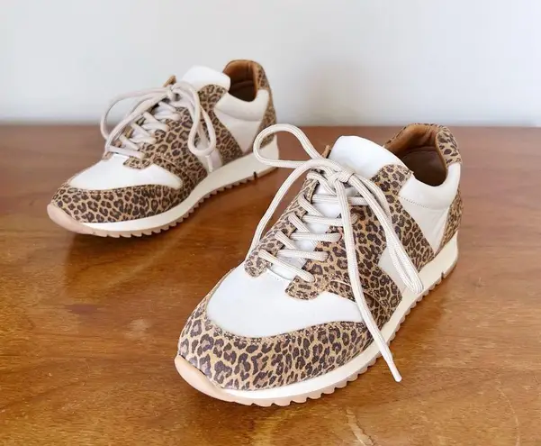 ABLE • Annie Sneaker leopard print leather retro lace up cream tan ridged sole Size 7.5