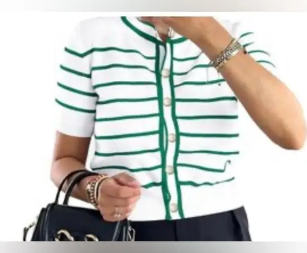 Pretty Garden Striped Short Sleeve Cardigan Sweater Green White Pearl Buttons L Size L