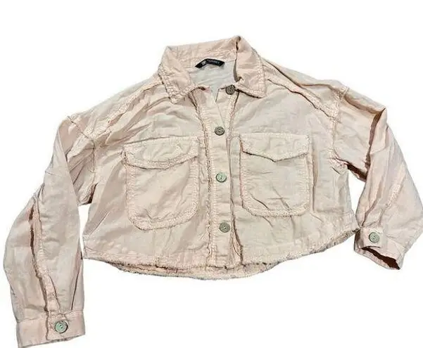 ZARA  peach pink button up jacket fringe hems sz M thumbnail 1