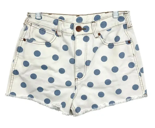 Billabong Wrangler White & Blue Polka Dot Denim Shorts Frayed Hem High Rise Tan Size 26