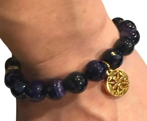 Rustic Cuff PURPLE ONYX BEADS w/ Gold accents & logo Stretch Stacking Bracelet