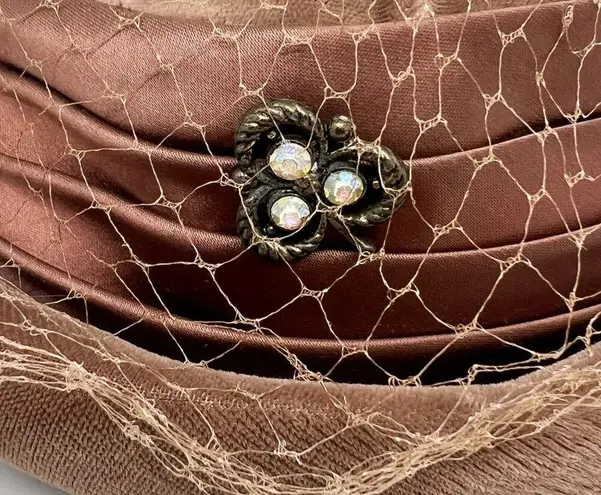 Vintage 50s 60s Brown Velvet Pill Box Hat with Mesh, Bow and Jewel Accent