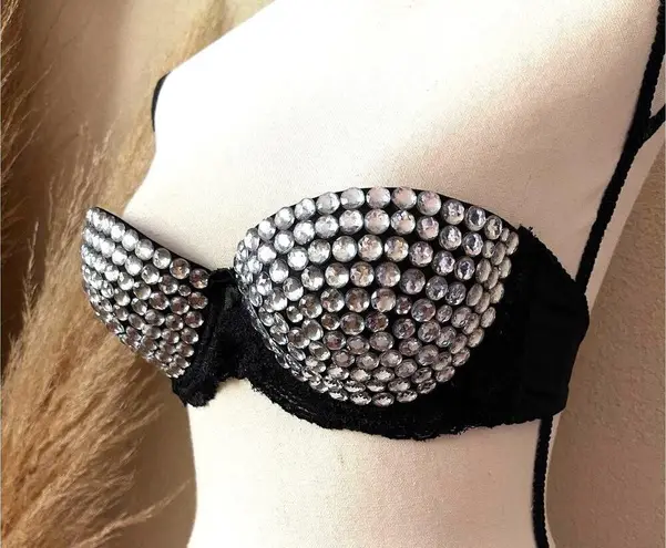 Handmade  Rhinestone Studded Black Lace Mesh Strapless Bra Bustier Women Size 32B