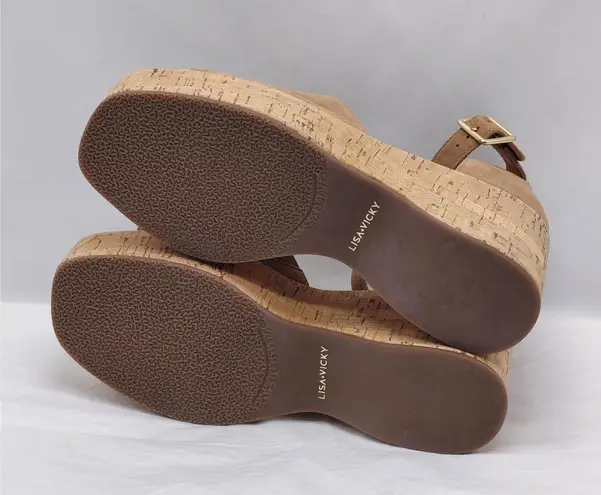 Lisa + Vicky Suede Cork Platform Wedge Sandals Women's 7M Tan Minimalist Shoes Size 7