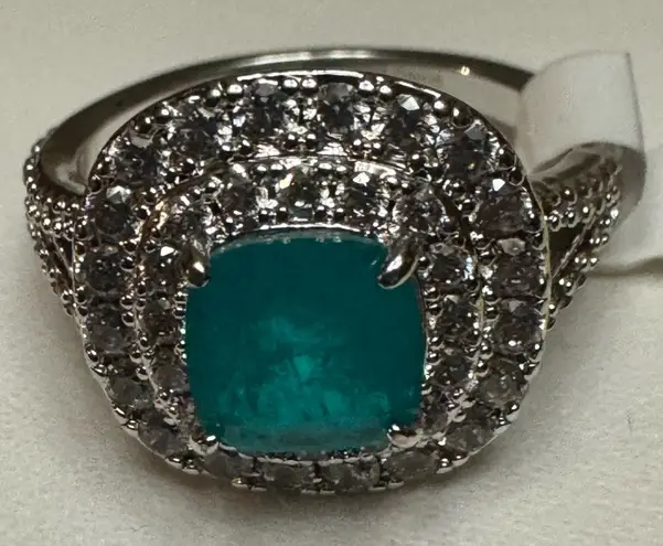 Ring Bomb Party Sz 7RBP Halo W/Green Ice Crystal Rhodium P Costume Jewelry Silver