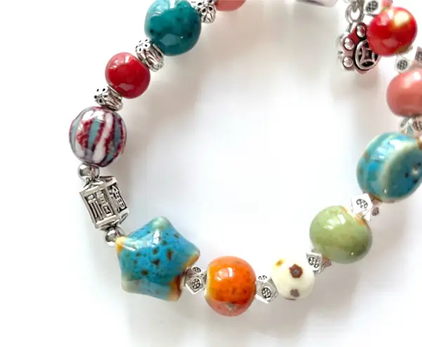 Blue Star Bracelet Silver orange red Lucky Kitty Cat Charm Stretchy Multiple