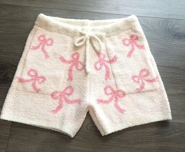 Comfy Luxe High Waisted White & Pink Bow Print Loungewear Shorts Womens Size M/L